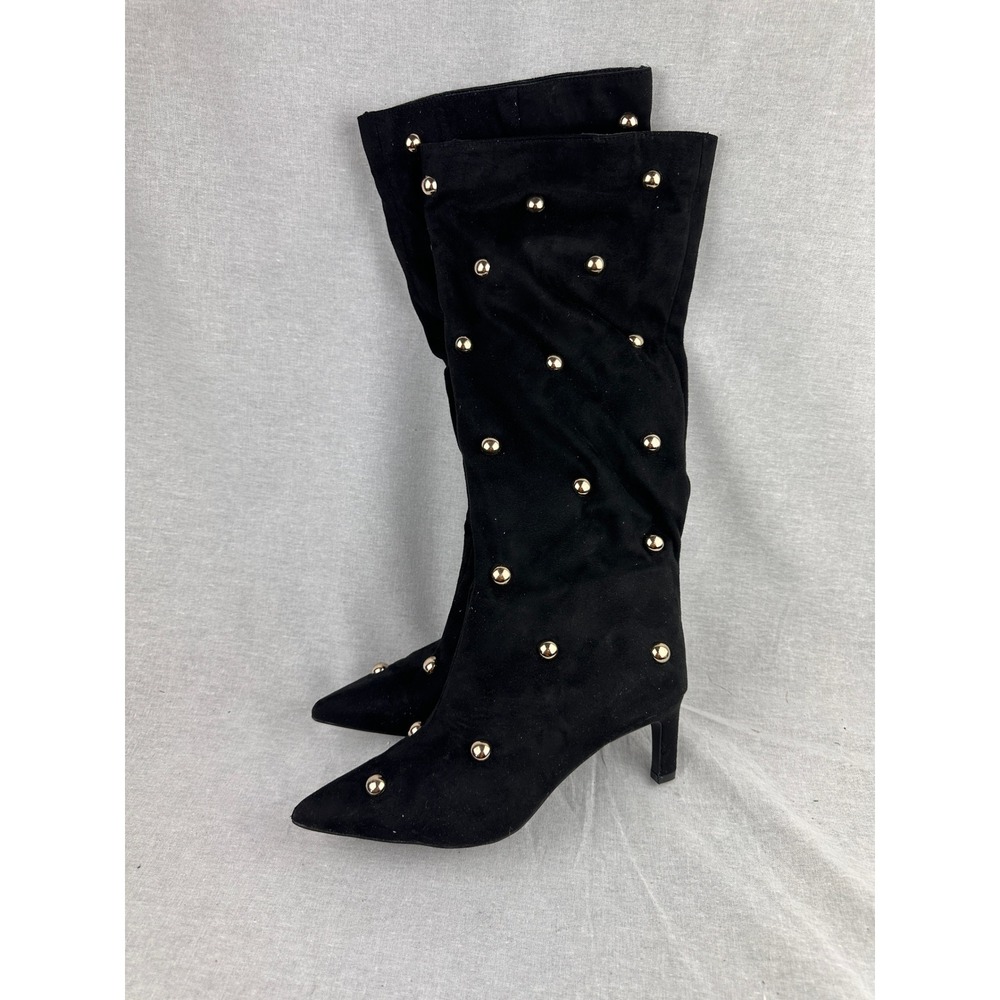 A New Day Womens Black Faux Suede Gold Studded Pointed Toe Kitten Heel Boots 8